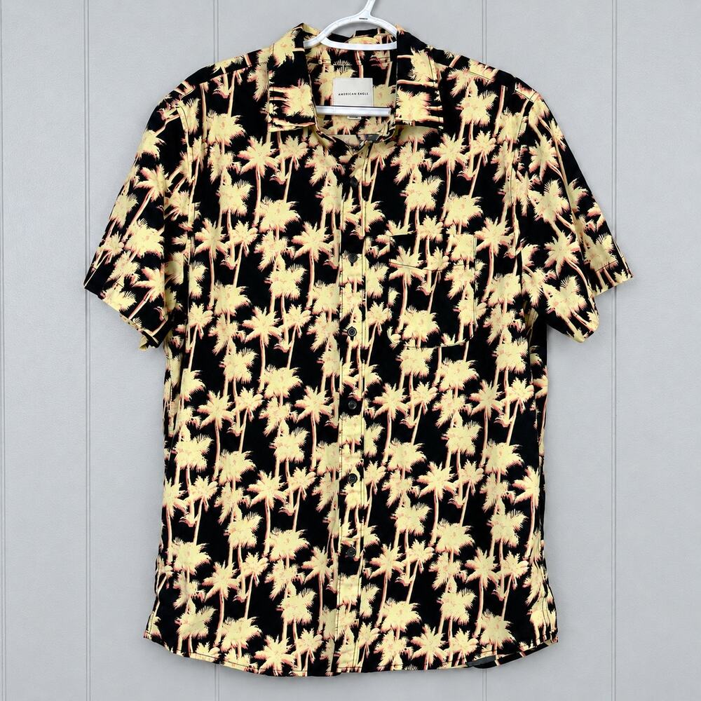 American Eagle Mens Large Palm Tree Button Up Shirt Black Yellow Pink Cotton